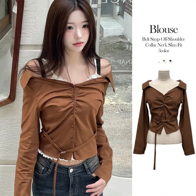 Devel belt strap slim fit collar neck off-shoulder shirring blouse in