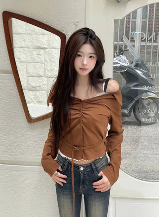 Devel belt strap slim fit collar neck off-shoulder shirring blouse in