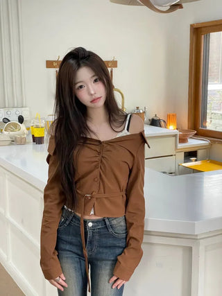 Devel belt strap slim fit collar neck off-shoulder shirring blouse in