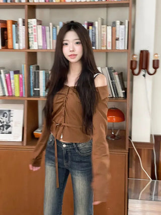 Devel belt strap slim fit collar neck off-shoulder shirring blouse in