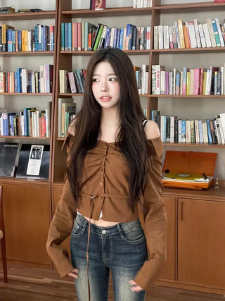 Devel belt strap slim fit collar neck off-shoulder shirring blouse in