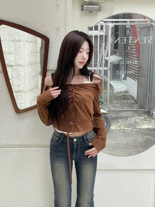 Devel belt strap slim fit collar neck off-shoulder shirring blouse in