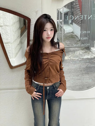 Devel belt strap slim fit collar neck off-shoulder shirring blouse in