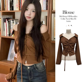 Devel belt strap slim fit collar neck off-shoulder shirring blouse in