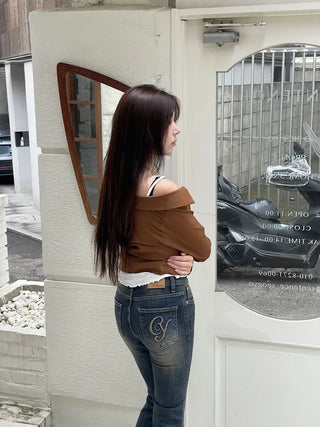Devel belt strap slim fit collar neck off-shoulder shirring blouse in