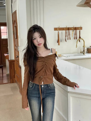 Devel belt strap slim fit collar neck off-shoulder shirring blouse in
