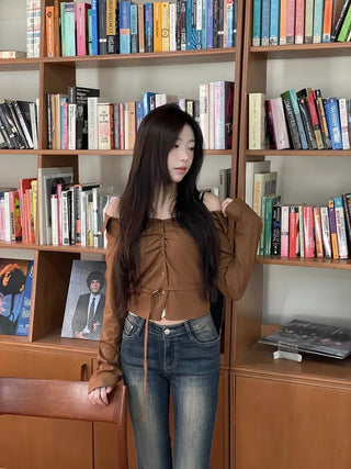 Devel belt strap slim fit collar neck off-shoulder shirring blouse in