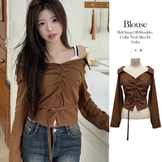 Devel belt strap slim fit collar neck off-shoulder shirring blouse in