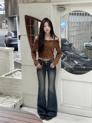 Devel belt strap slim fit collar neck off-shoulder shirring blouse in