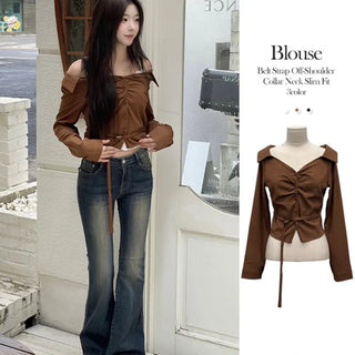 Devel belt strap slim fit collar neck off-shoulder shirring blouse in