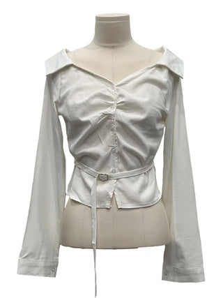 Devel belt strap slim fit collar neck off-shoulder shirring blouse in