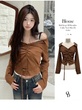Devel belt strap slim fit collar neck off-shoulder shirring blouse in