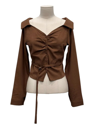 Devel belt strap slim fit collar neck off-shoulder shirring blouse in