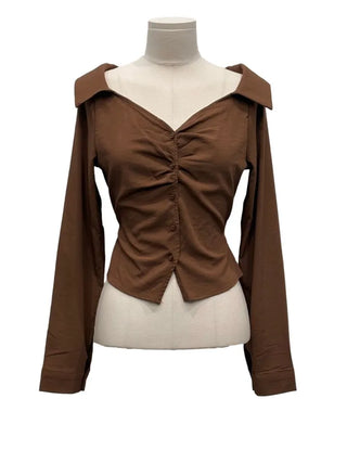 Devel belt strap slim fit collar neck off-shoulder shirring blouse in