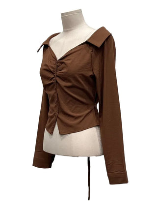 Devel belt strap slim fit collar neck off-shoulder shirring blouse in