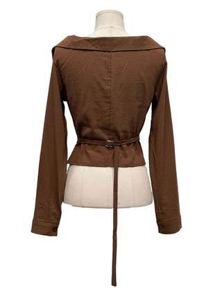 Devel belt strap slim fit collar neck off-shoulder shirring blouse in
