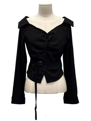 Devel belt strap slim fit collar neck off-shoulder shirring blouse in