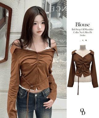 Devel belt strap slim fit collar neck off-shoulder shirring blouse in