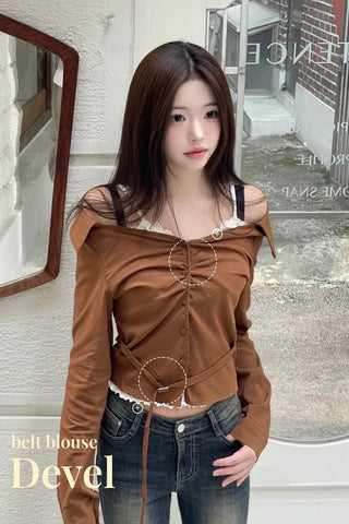 Devel belt strap slim fit collar neck off-shoulder shirring blouse in