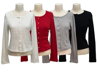 Dusk Loose Fit Flower Punching Round Neck Cotton Long Sleeve Button Cardigan