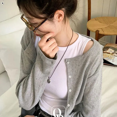 Dusk Loose Fit Flower Punching Round Neck Cotton Long Sleeve Button Cardigan