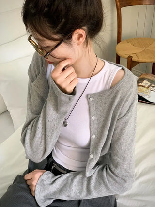 Dusk Loose Fit Flower Punching Round Neck Cotton Long Sleeve Button Cardigan