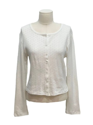 Dusk Loose Fit Flower Punching Round Neck Cotton Long Sleeve Button Cardigan