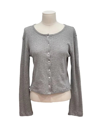 Dusk Loose Fit Flower Punching Round Neck Cotton Long Sleeve Button Cardigan