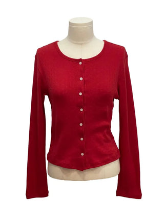 Dusk Loose Fit Flower Punching Round Neck Cotton Long Sleeve Button Cardigan