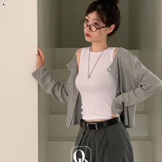 Dusk Loose Fit Flower Punching Round Neck Cotton Long Sleeve Button Cardigan