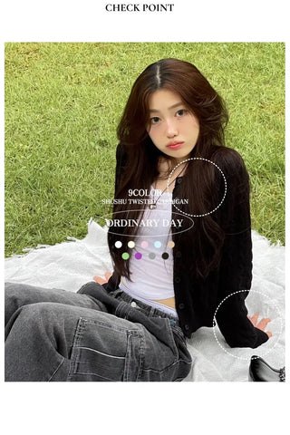 Shushu thick, loose-fitting soft twisted round button knit cardigan