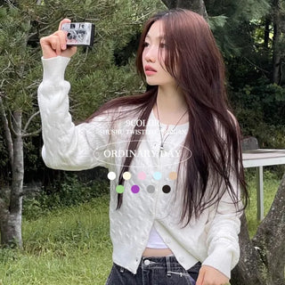Shushu thick, loose-fitting soft twisted round button knit cardigan