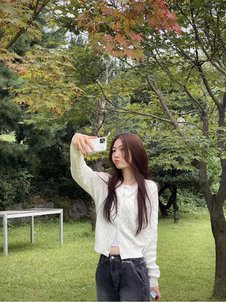 Shushu thick, loose-fitting soft twisted round button knit cardigan