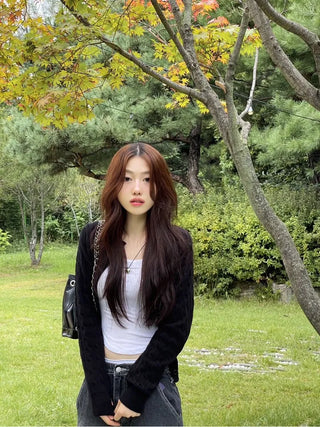 Shushu thick, loose-fitting soft twisted round button knit cardigan