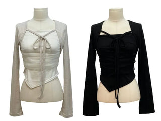 Lumiere shirring chiffon uneven hem ribbon bolero layer long sleeve t-shirt