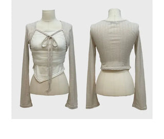 Lumiere shirring chiffon uneven hem ribbon bolero layer long sleeve t-shirt