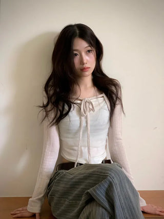 Lumiere shirring chiffon uneven hem ribbon bolero layer long sleeve t-shirt