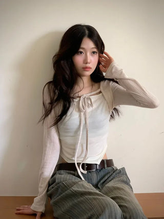 Lumiere shirring chiffon uneven hem ribbon bolero layer long sleeve t-shirt