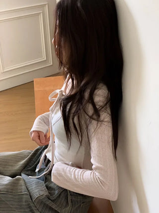 Lumiere shirring chiffon uneven hem ribbon bolero layer long sleeve t-shirt