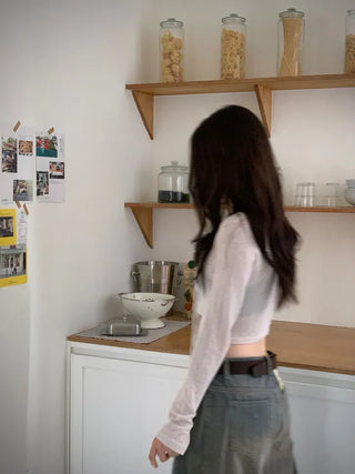 Lumiere shirring chiffon uneven hem ribbon bolero layer long sleeve t-shirt