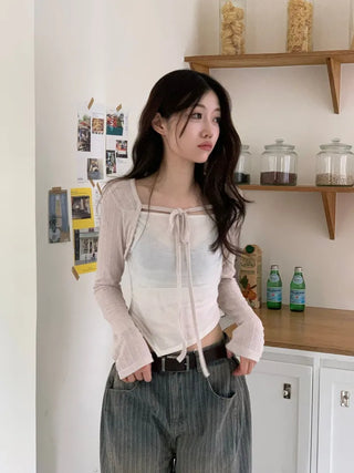Lumiere shirring chiffon uneven hem ribbon bolero layer long sleeve t-shirt