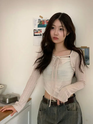 Lumiere shirring chiffon uneven hem ribbon bolero layer long sleeve t-shirt