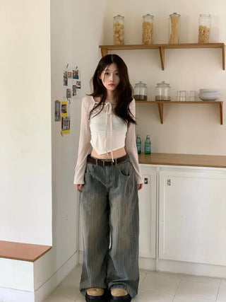 Lumiere shirring chiffon uneven hem ribbon bolero layer long sleeve t-shirt