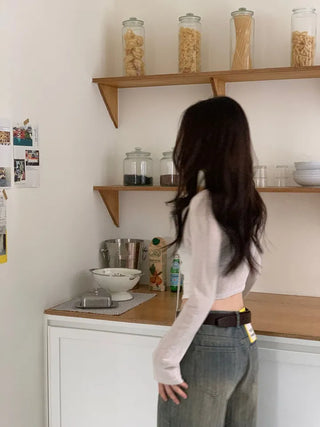 Lumiere shirring chiffon uneven hem ribbon bolero layer long sleeve t-shirt