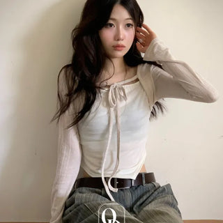 Lumiere shirring chiffon uneven hem ribbon bolero layer long sleeve t-shirt