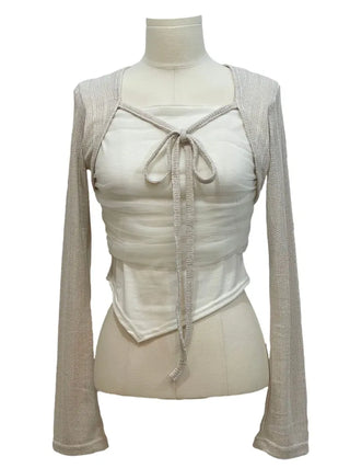 Lumiere shirring chiffon uneven hem ribbon bolero layer long sleeve t-shirt