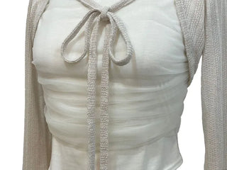 Lumiere shirring chiffon uneven hem ribbon bolero layer long sleeve t-shirt