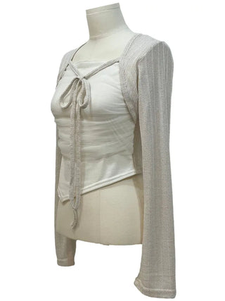 Lumiere shirring chiffon uneven hem ribbon bolero layer long sleeve t-shirt