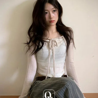Lumiere shirring chiffon uneven hem ribbon bolero layer long sleeve t-shirt