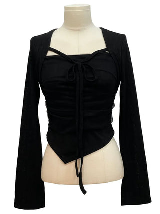 Lumiere shirring chiffon uneven hem ribbon bolero layer long sleeve t-shirt
